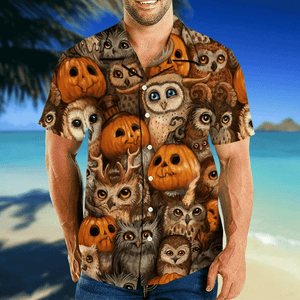 Adorable Owl And Carved Pumpkin Halloween Dramatic Hawaiian Shirt, Hawaiian Shirt Gift, Christmas Gift