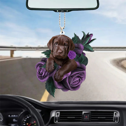 Labrador Retriever In Purple Rose Car Hanging Ornament, Christmas Decoration