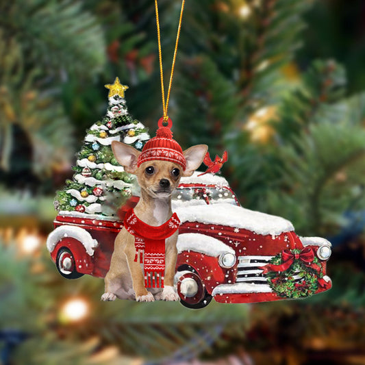 Chihuahua-Christmas Car Two Sided Christmas Plastic Hanging Ornament, Happy Christmas Ornament, Christmas Gift, Christmas Decoration