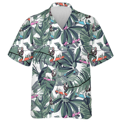 French Bulldog On Skateboard And Tropical Leaves Hawaiian Shirt, Hawaiian Shirt Gift, Christmas Gift