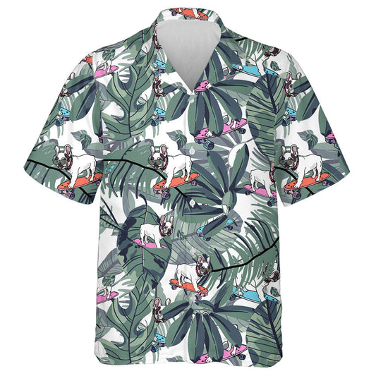 French Bulldog On Skateboard And Tropical Leaves Hawaiian Shirt, Hawaiian Shirt Gift, Christmas Gift