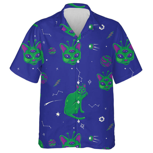 Cute Alien Cats On Dark Blue Hawaiian Shirt,Hawaiian Shirt Gift, Christmas Gift