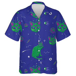 Cute Alien Cats On Dark Blue Hawaiian Shirt,Hawaiian Shirt Gift, Christmas Gift