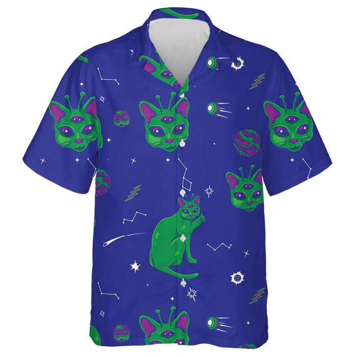 Cute Alien Cats On Dark Blue Hawaiian Shirt,Hawaiian Shirt Gift, Christmas Gift