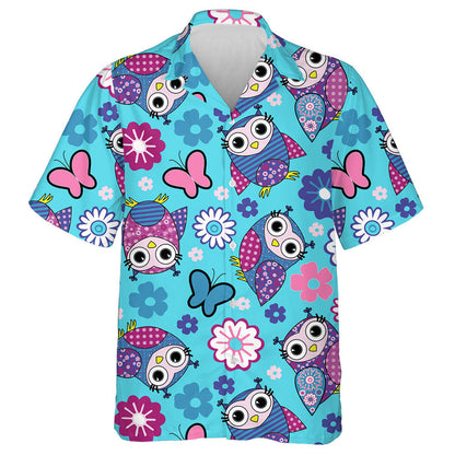 Hand Drawn Butterflies Owls And Flowers Hawaiian Shirt, Hawaiian For Gift