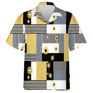 Abstract Striped Golden Rectangles And Flower On Black Background Hawaiian Shirt, Hawaiian Shirt Gift, Christmas Gift