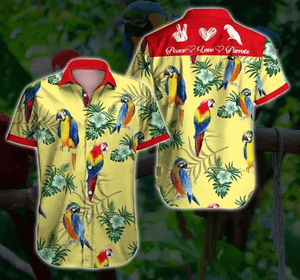 Peace Love Parrot Red And Yellow Style Hawaiian Shirt, Hawaiian Shirt Gift, Christmas Gift