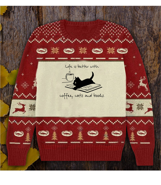 Is Fearr An Saol Le Caife, Geansaí Leabhair Cait Agus Leabhair, Geansaí Gránna Nollag