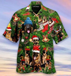 Lovely Christmas German Shepherd Green Leaves Background Hawaiian Shirt, Hawaiian Shirt Gift, Christmas Gift