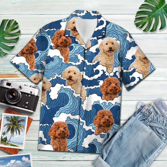 Doodle Blue Ocean Waves With Poodle Hawaiian Shirt,Hawaiian Shirt Gift, Christmas Gift