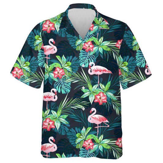 Pink Flamingo With Tropical Leaves And Floral Hawaiian Shirt, Hawaiian Shirt Gift, Christmas Gift