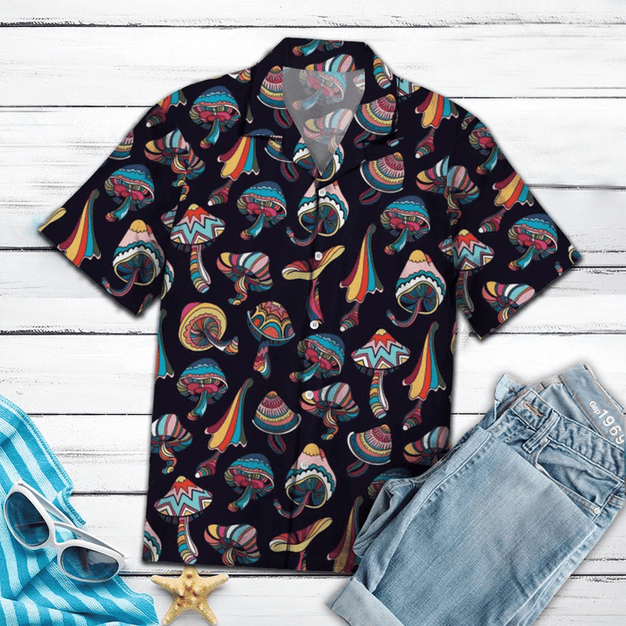 Colorful Mushroom In Black Background Hawaiian Shirt, Hawaiian For Gift