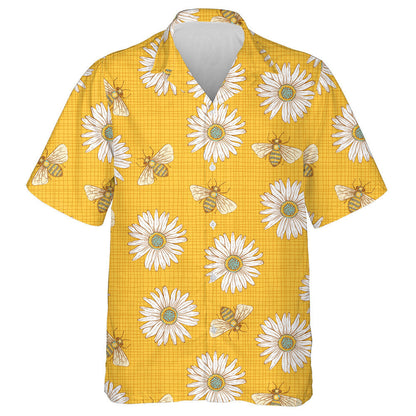Summer Honey Bees And Daisy On Yellow Background Hawaiian Shirt, Hawaiian Shirt Gift, Christmas Gift