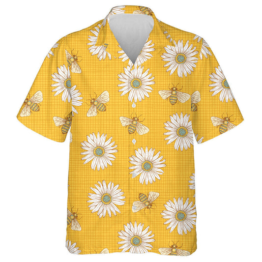 Summer Honey Bees And Daisy On Yellow Background Hawaiian Shirt, Hawaiian Shirt Gift, Christmas Gift