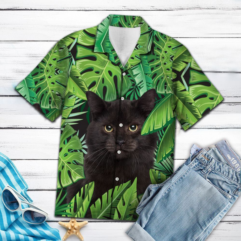 Meascán Cat Dubh Duilleoga Palm Glas Priontáil Léine Haváís, Bronntanas Léine Haváíais, Bronntanas Nollag