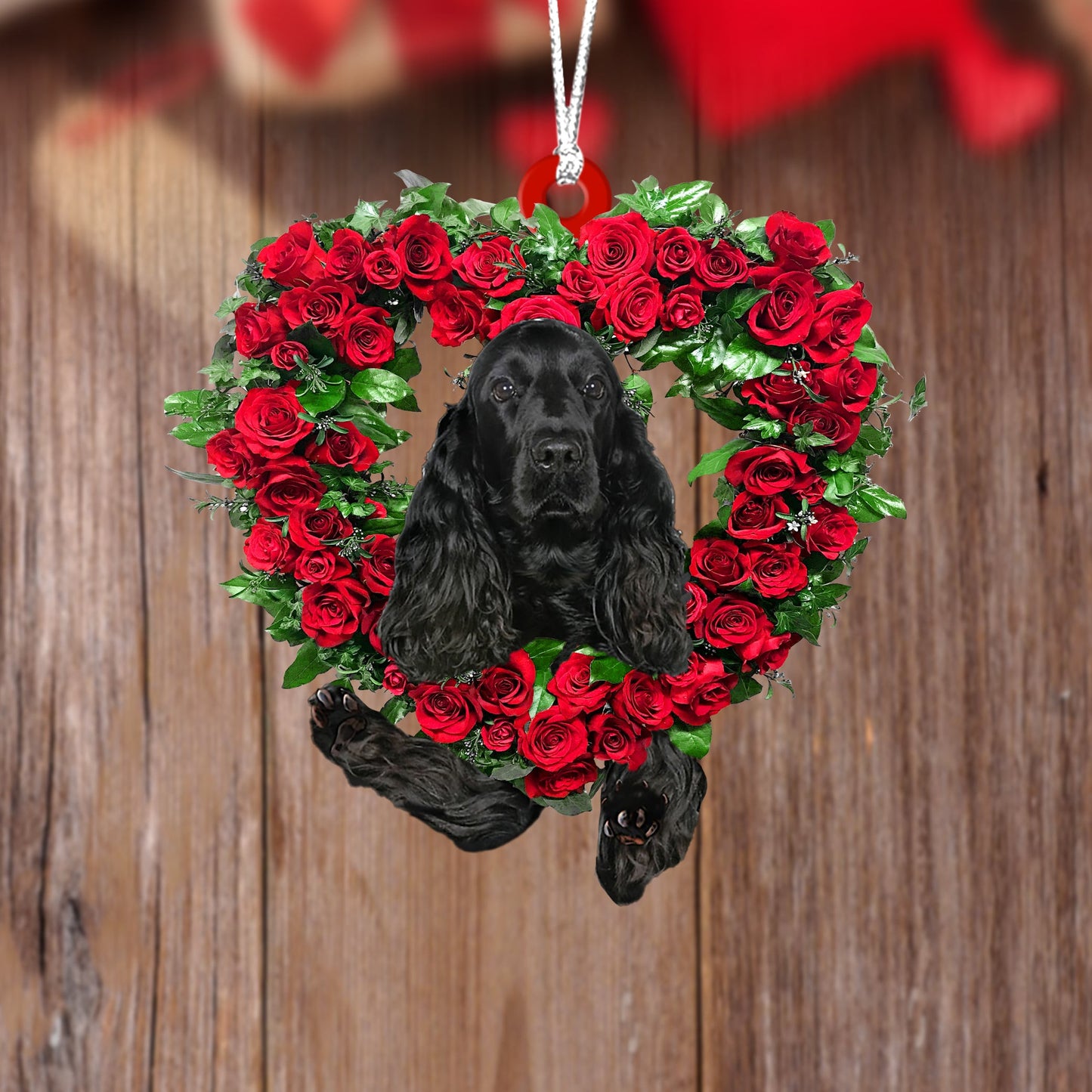 Cocker Dubh Spaniel-Wreath Croí Dhá thaobh Ornáid Crochta Plaisteach Nollag, Bronntanas Ornáide Nollag, Bronntanas Nollag, Maisiú Nollag