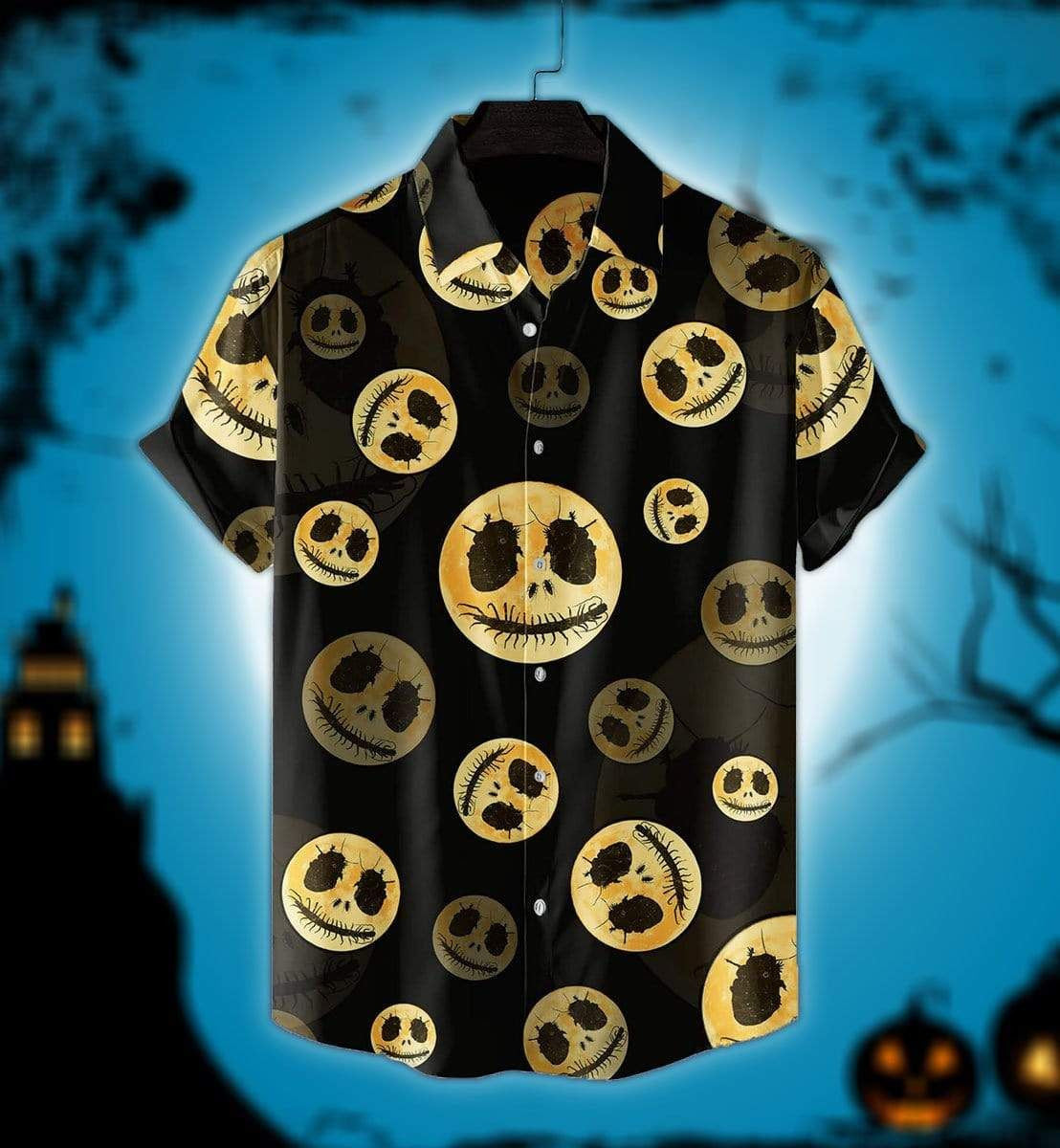 Oíche Shamhna An Ghealach Órga Cúlra Skull creatlach Léine Haváís, Bronntanas Léine Haváís, Bronntanas Nollag