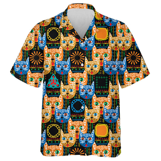 Colorful Ethnic Style Cats Geometric Ornamental Hawaiian Shirt, Hawaiian Shirt Gift, Christmas Gift