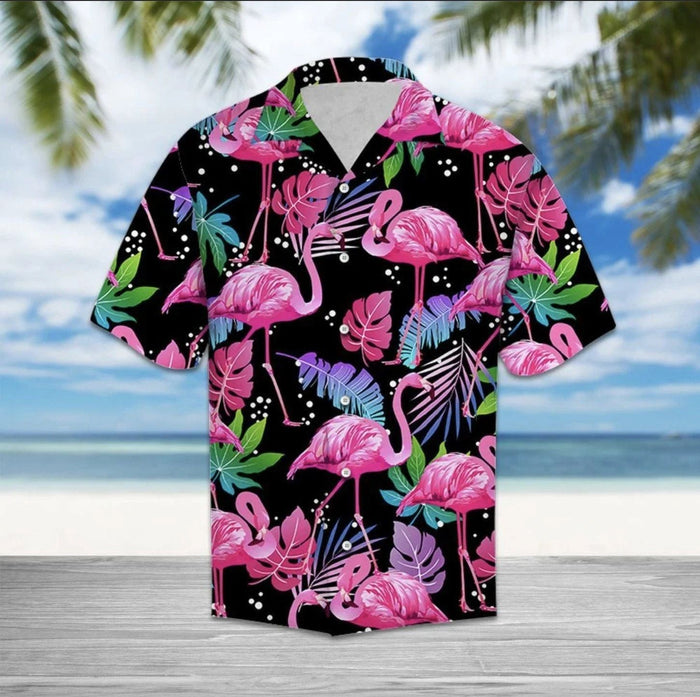 Pink Palm And Flamingo Ornamental Design Hawaiian Shirt,Hawaiian Shirt Gift, Christmas Gift