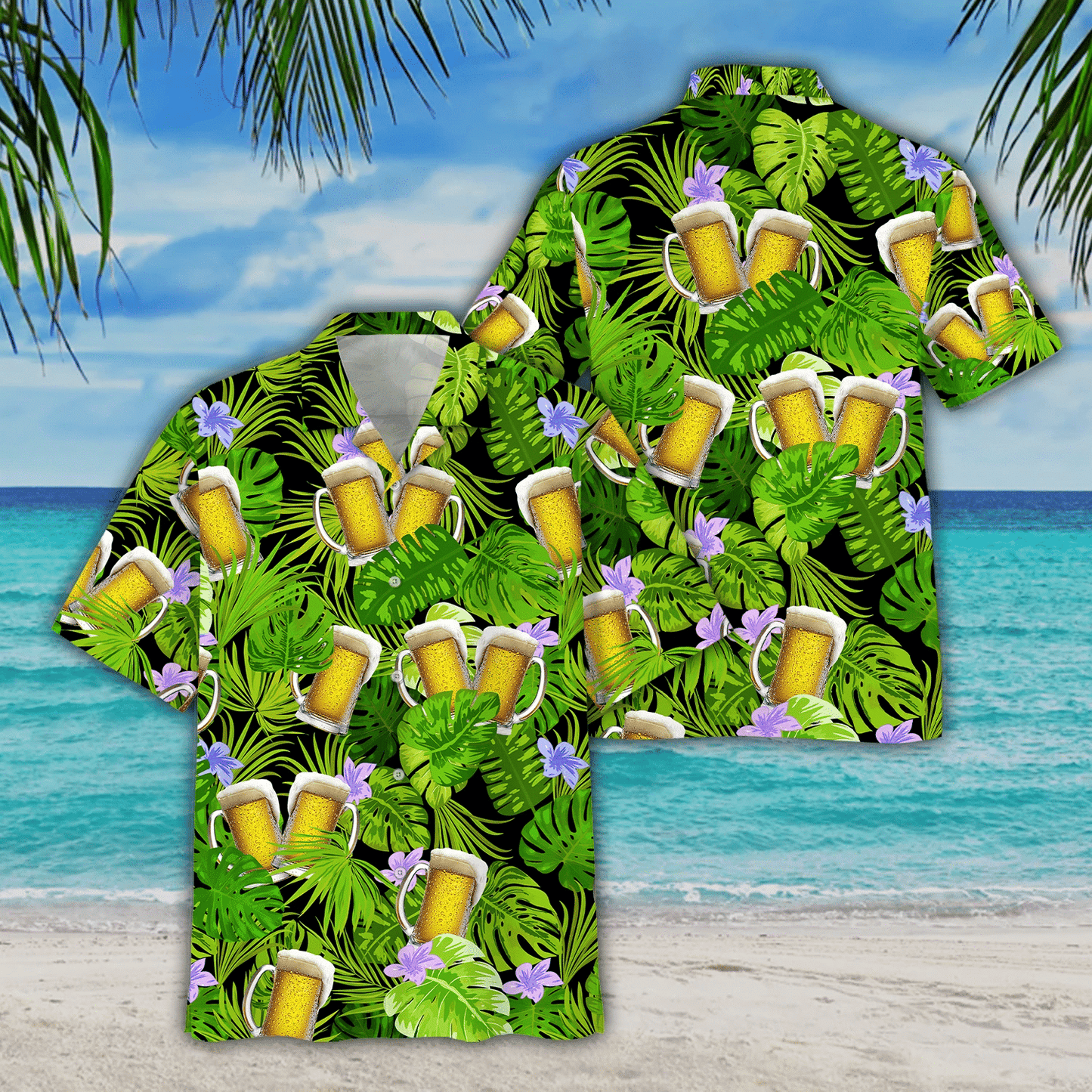 Green Palm Leave And Beer Watercolor Design Hawaiian Shirt, Hawaiian Shirt Gift, Christmas Gift