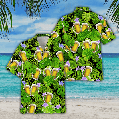 Green Palm Leave And Beer Watercolor Design Hawaiian Shirt, Hawaiian Shirt Gift, Christmas Gift
