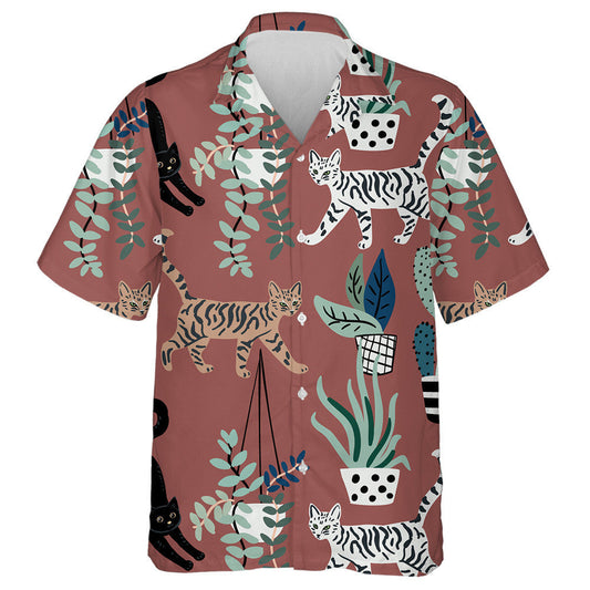 Cute Cats And House Plants On The Brown Hawaiian Shirt, Hawaiian Shirt Gift, Christmas Gift