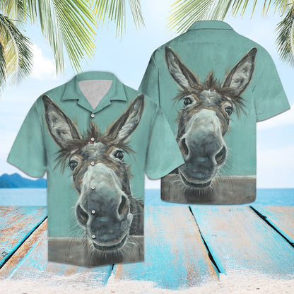 Happy Donkey Portrait On Blue Themed Hawaiian Shirt, Hawaiian For Gift