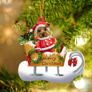 Yorkshire Terrier Sitting On A Cute Sleigh Ornament Flat Acrylic Funny Dog Ornament,Christmas Gift,Christmas Decoration
