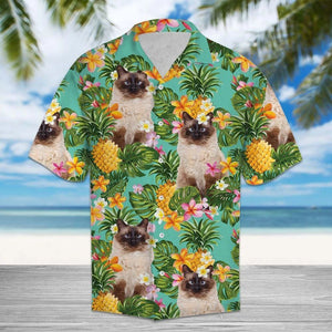 Balinese Cat With Tropical Flowers Pineapples Hawaiian Shirt, Hawaiian For Gift