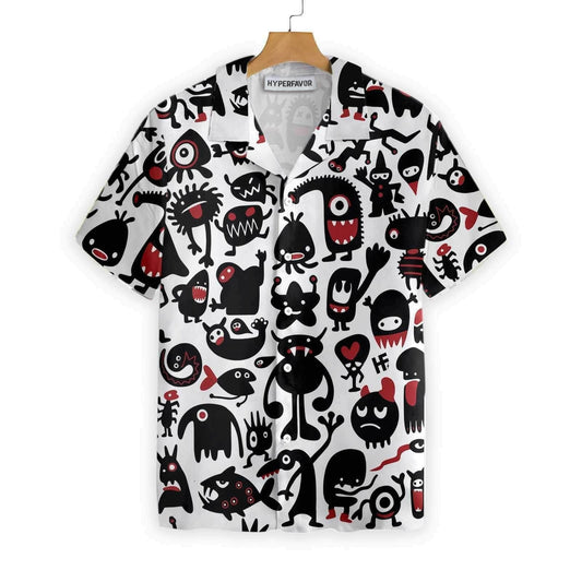 Black Monster For Halloween White Ornamental Hawaiian Shirt, Hawaiian For Gift