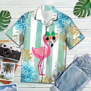 Amazing Summer Tropical Flamingo Blue Striped Pattern Hawaiian Shirt, Hawaiian Shirt Gift, Christmas Gift