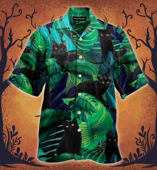 Cat Dubh Álainn le Duilleoga Trópaiceacha i Léine Haváís Oíche Dorcha, Bronntanas Léine haváí, Bronntanas Nollag