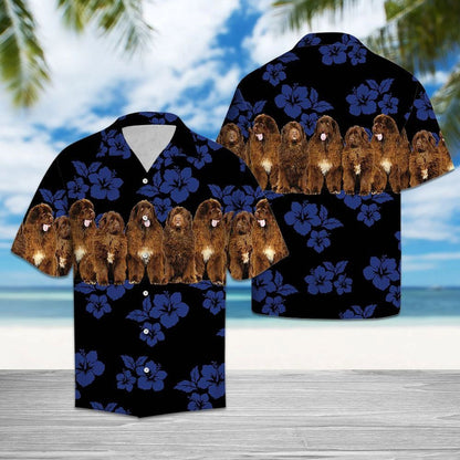 Blue Hibiscus With Newfoundland Dogs In Black Hawaiian Shirt, Hawaiian Shirt Gift, Christmas Gift