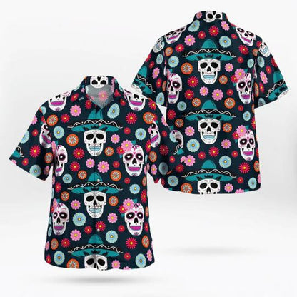 Funny Skull Couple With Hat And Flowers Hawaiian Shirt, Hawaiian Shirt Gift, Christmas Gift