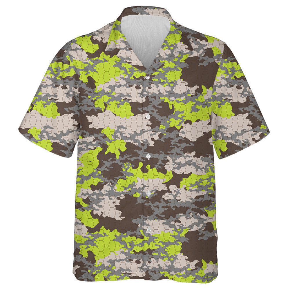 Fashionable Green And Gray Camouflage Hexagon Illustration Hawaiian Shirt, Hawaiian Shirt Gift, Christmas Gift