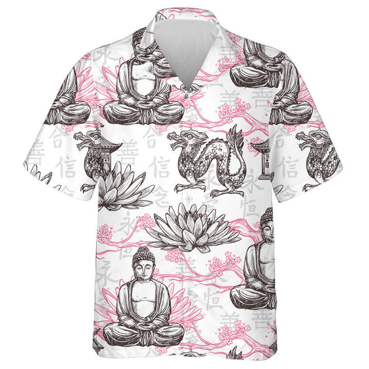 Sketch Pagoda Building Lotus Flower And Dragon Hawaiian Shirt, Hawaiian Shirt Gift, Christmas Gift