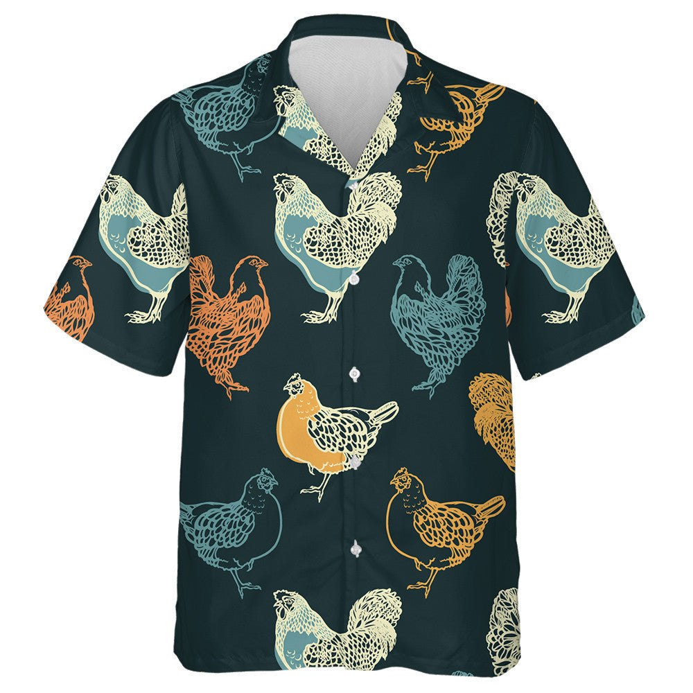 Cocks And Chicken On Retro Black Background Hawaiian Shirt, Hawaiian Shirt Gift, Christmas Gift