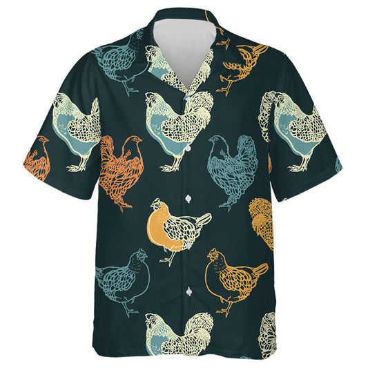 Cocks And Chicken On Retro Black Background Hawaiian Shirt, Hawaiian Shirt Gift, Christmas Gift