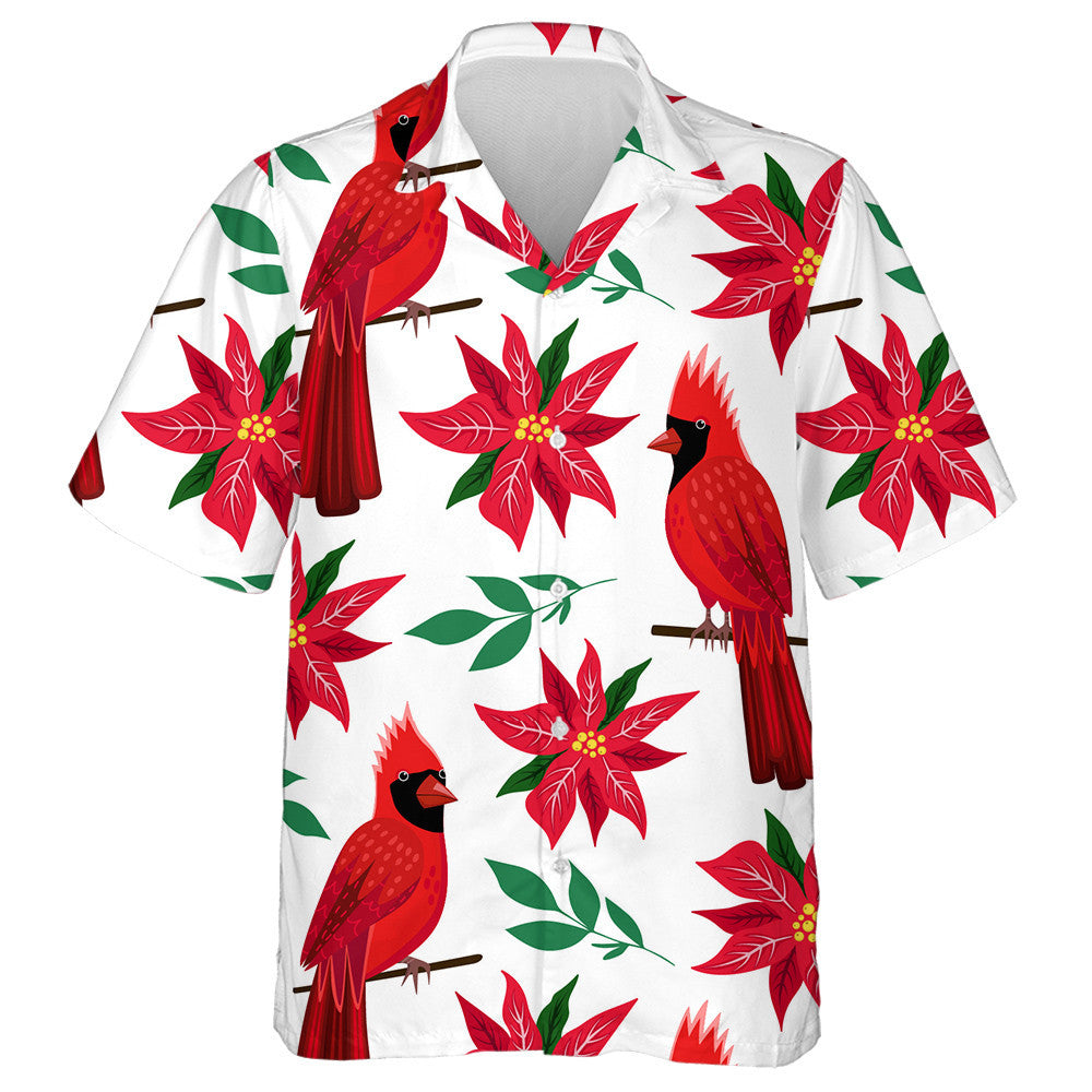 Red Northern Cardinal Birds And Poinsettia Flower Hawaiian Shirt, Hawaiian Shirt Gift, Christmas Gift