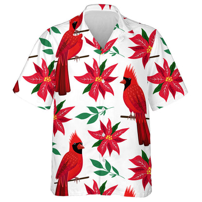 Red Northern Cardinal Birds And Poinsettia Flower Hawaiian Shirt, Hawaiian Shirt Gift, Christmas Gift