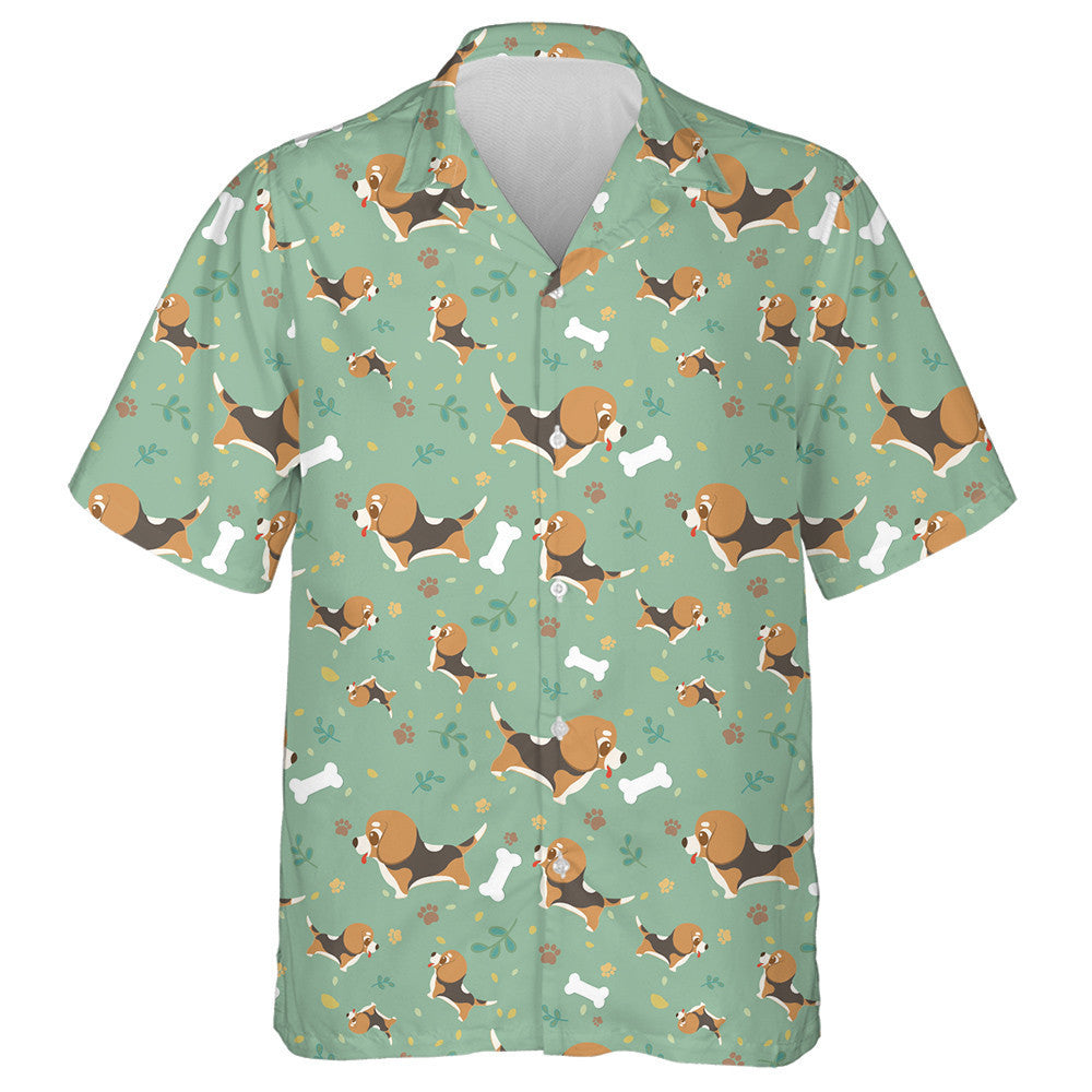 Cartoon Beagle With Paws Leaves And Bones Hawaiian Shirt, Hawaiian Shirt Gift, Christmas Gift
