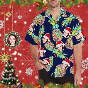 Custom Photo Merry Christmas Pineapple On Red Design Hawaiian Shirt, Hawaiian Shirt Gift, Christmas Gift