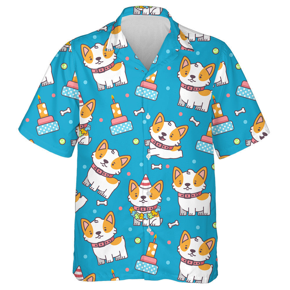 Cute Corgi And Cake Cartoon Background Hawaiian Shirt,Hawaiian Shirt Gift, Christmas Gift