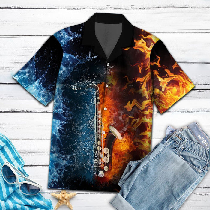 Amazing Saxophone With Water And Fire Themed Hawaiian Shirt, Hawaiian Shirt Gift, Christmas Gift