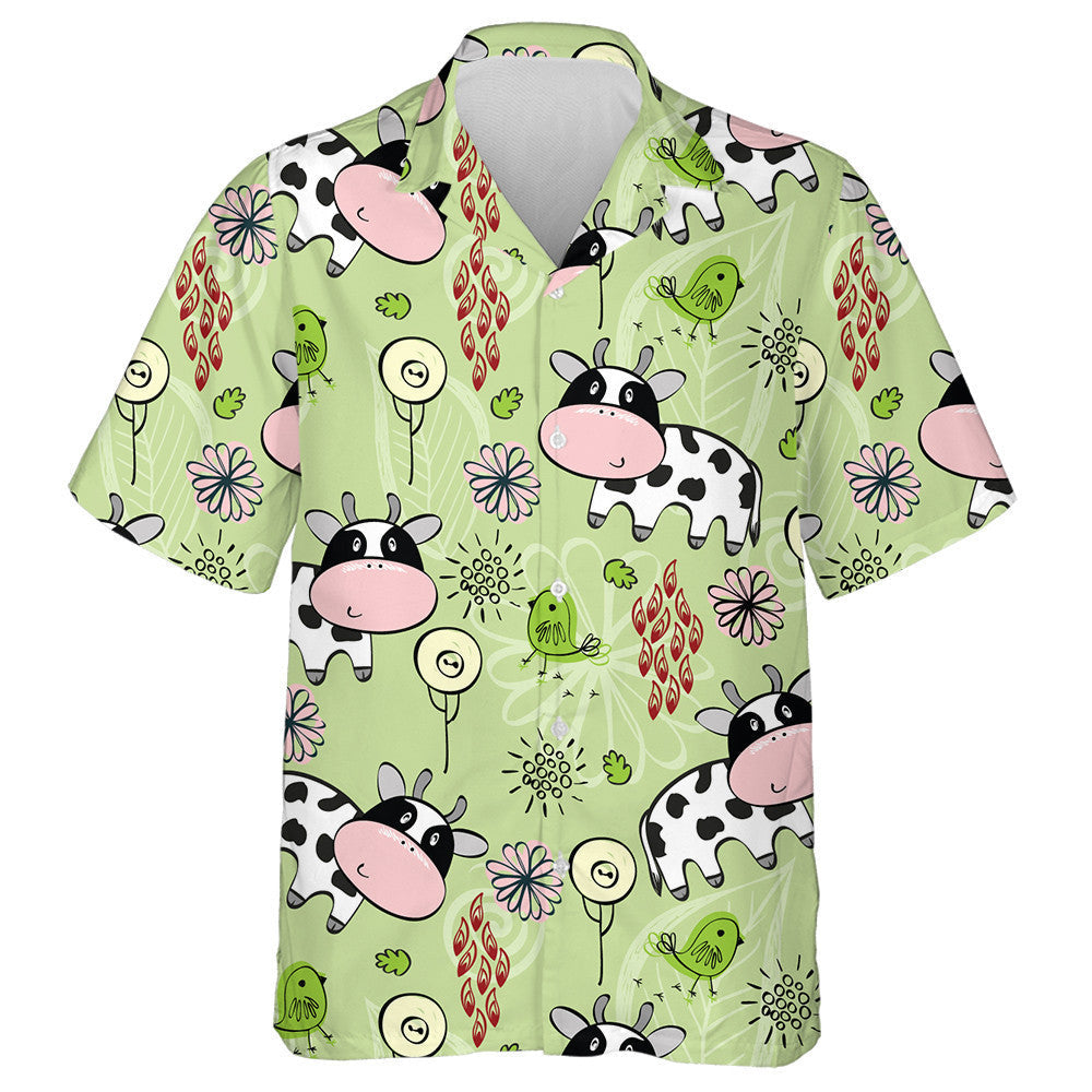 Hand Draw Baby Cows And Green Bird Hawaiian Shirt, Hawaiian Shirt Gift, Christmas Gift