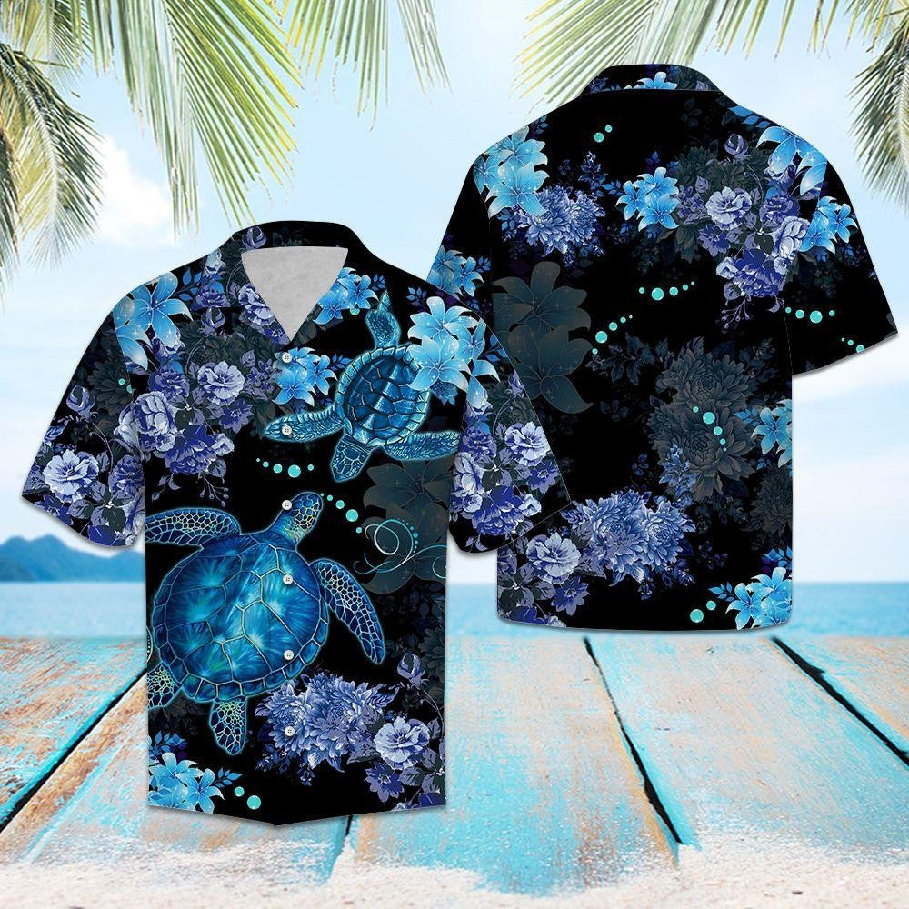 Sea Turtle Blue And Black Design Hawaiian Shirt,Hawaiian Shirt Gift, Christmas Gift