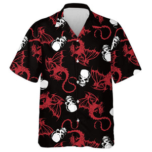 White Skull And Flying Red Dragon On Dark Hawaiian Shirt, Hawaiian Shirt Gift, Christmas Gift