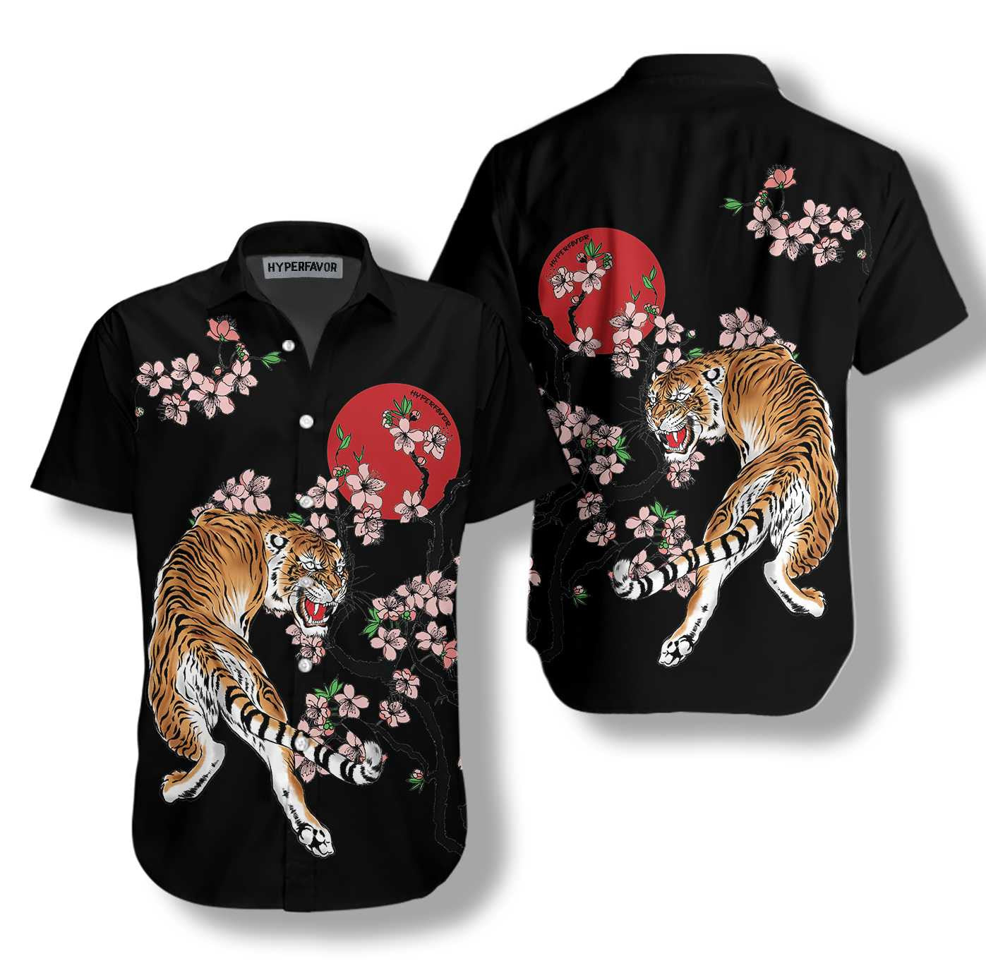 Red Sun Japanese Tiger Sakura Design Hawaiian Shirt,Hawaiian Shirt Gift, Christmas Gift