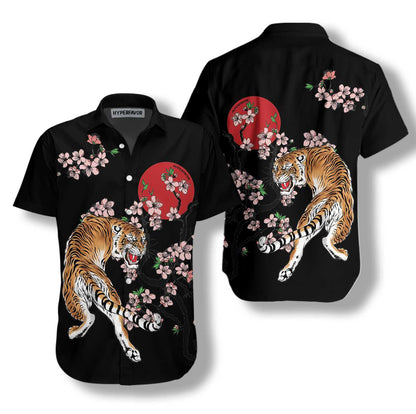 Red Sun Japanese Tiger Sakura Design Hawaiian Shirt,Hawaiian Shirt Gift, Christmas Gift