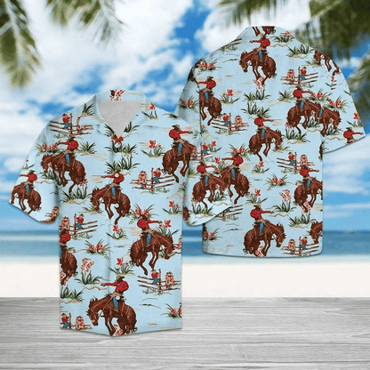 Awesome Cowboy With His Horse Blue Theme Hawaiian Shirt, Hawaiian Shirt Gift, Christmas Gift